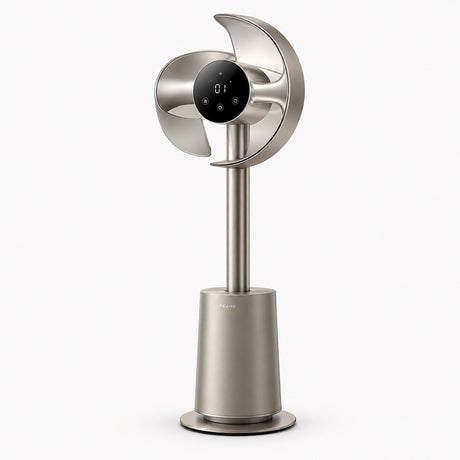 Metallic bladeless standing fan with round control screen and pedestal base