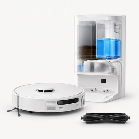White robot vacuum docked with clear dust station and blue water tank