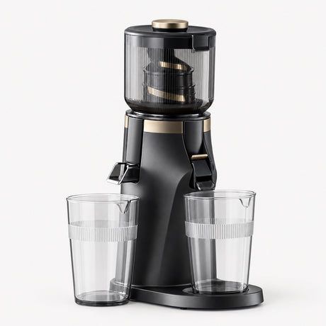 Black slow juicer base with clear top jar and two drip cups for juice