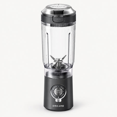 Portable blender with clear blending cup, black base, and twist-on lid