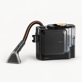 Black portable steam carpet spot cleaner with hose and handheld nozzle attachment