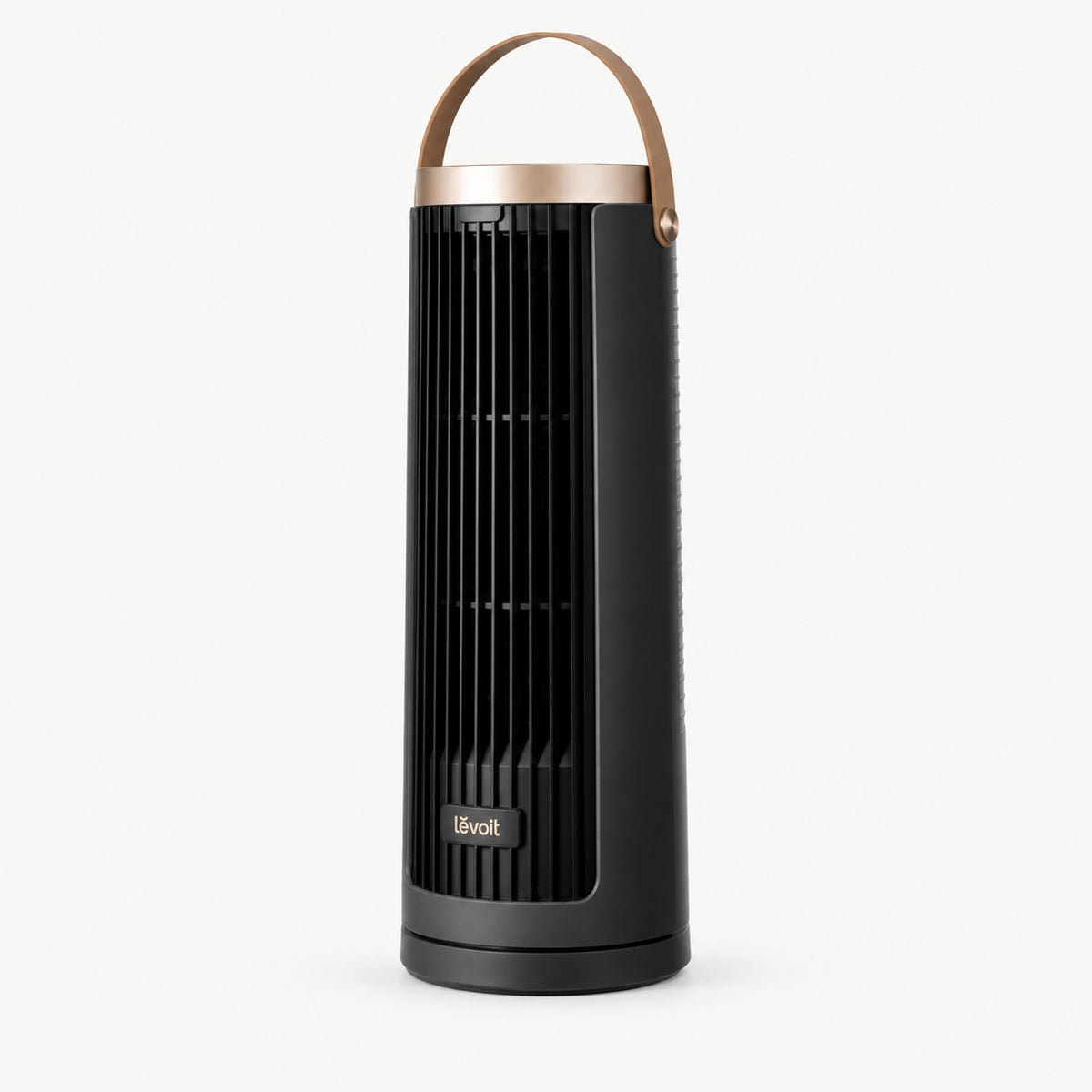 Black tower fan with copper carry handle and vertical air grille