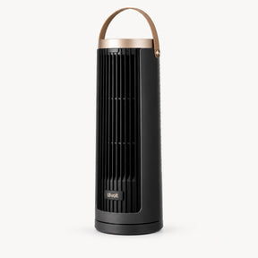 Black tower fan with copper carry handle and vertical air grille