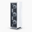 White tower air purifier with front grille and three visible fan blades