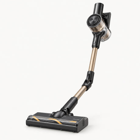 Cordless stick vacuum with floor brush attachment and clear dust container