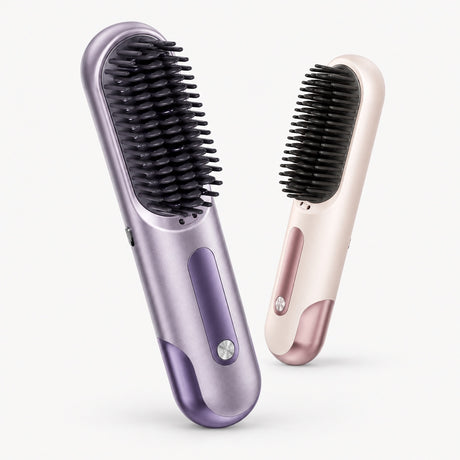 Purple cordless straightening brush with dual heated bristle plates, ergonomic handle