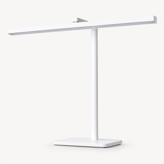 White LED desk lamp with long horizontal light bar and square base.