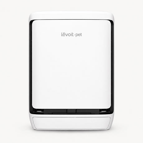 White Levoit pet air purifier with front intake panel, compact square design