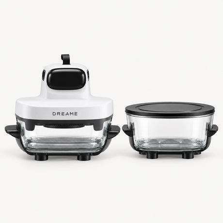 Dreame glass air fryer with two frosted containers, black base and lid
