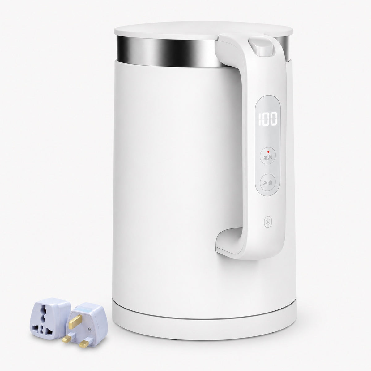 Electric smart kettle with white body, curved handle, and side digital control panel