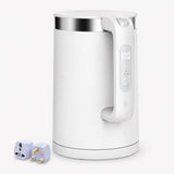 Electric smart kettle with white body, curved handle, and side digital control panel