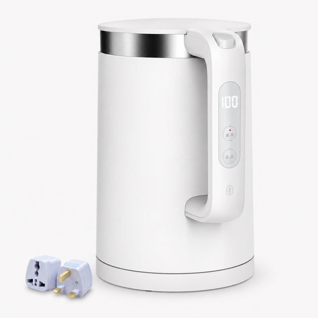 Electric smart kettle with white body, curved handle, and side digital control panel
