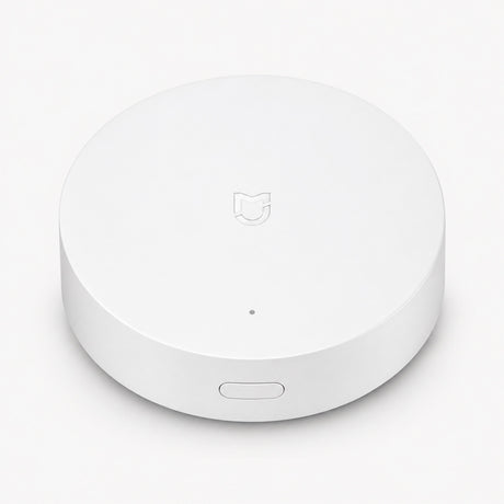 White circular smart home hub gateway with central indicator and bottom control slot