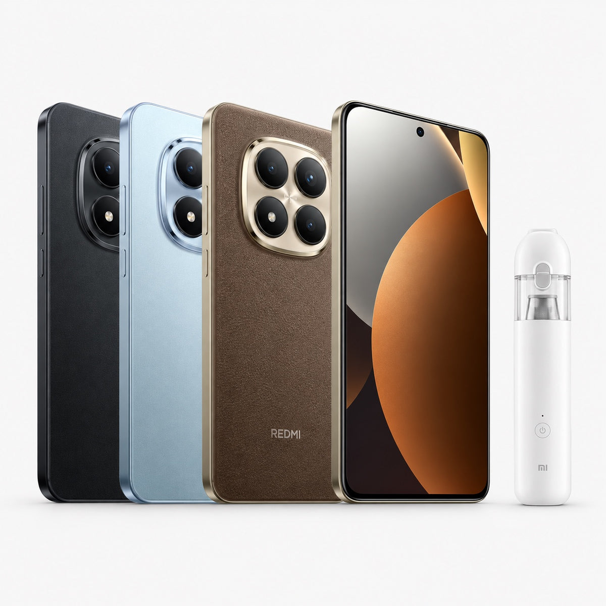 Smartphones lineup with quad rear cameras, front displays visible in multiple colors