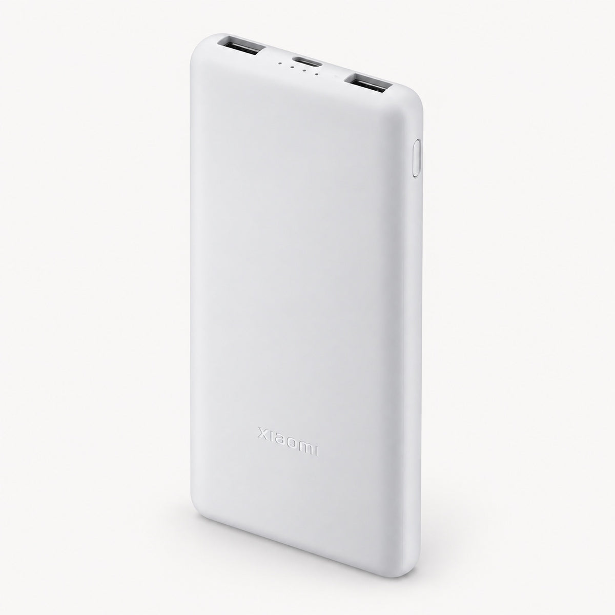Xiaomi white power bank, slim rectangular body with side buttons and branding