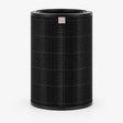 Black cylindrical air purifier replacement filter with textured mesh and top opening