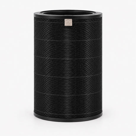 Black cylindrical air purifier replacement filter with textured mesh and top opening