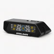 Solar TPMS display monitor with illuminated tire pressure readout and Steelmate logo, black housing