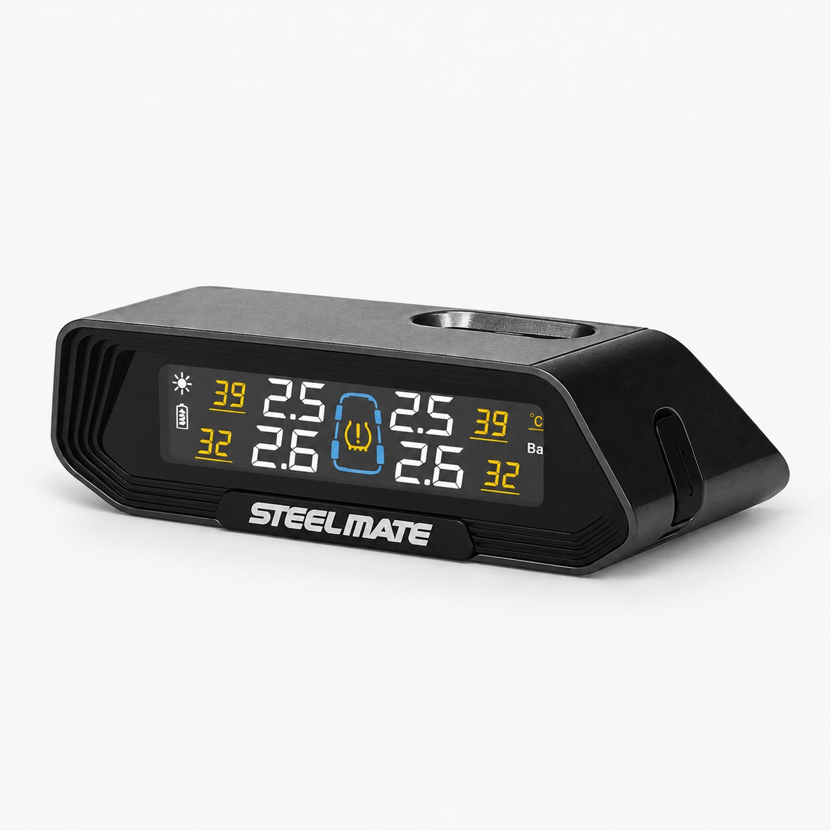 Solar TPMS display monitor with illuminated tire pressure readout and Steelmate logo, black housing