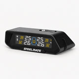Solar TPMS display monitor with illuminated tire pressure readout and Steelmate logo, black housing