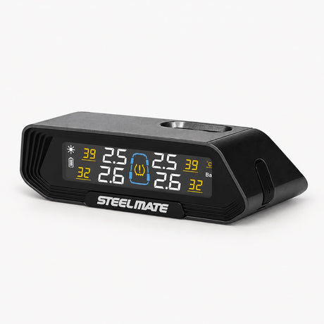 Solar TPMS display monitor with illuminated tire pressure readout and Steelmate logo, black housing