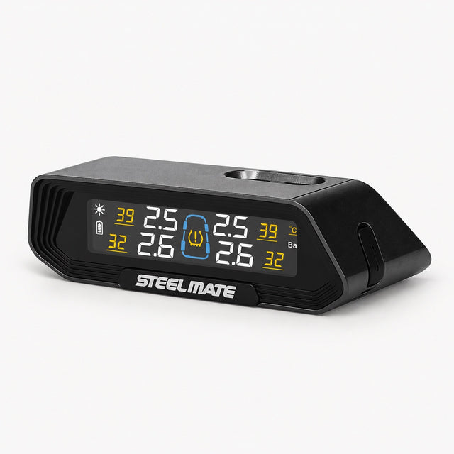 Solar TPMS display monitor with illuminated tire pressure readout and Steelmate logo, black housing