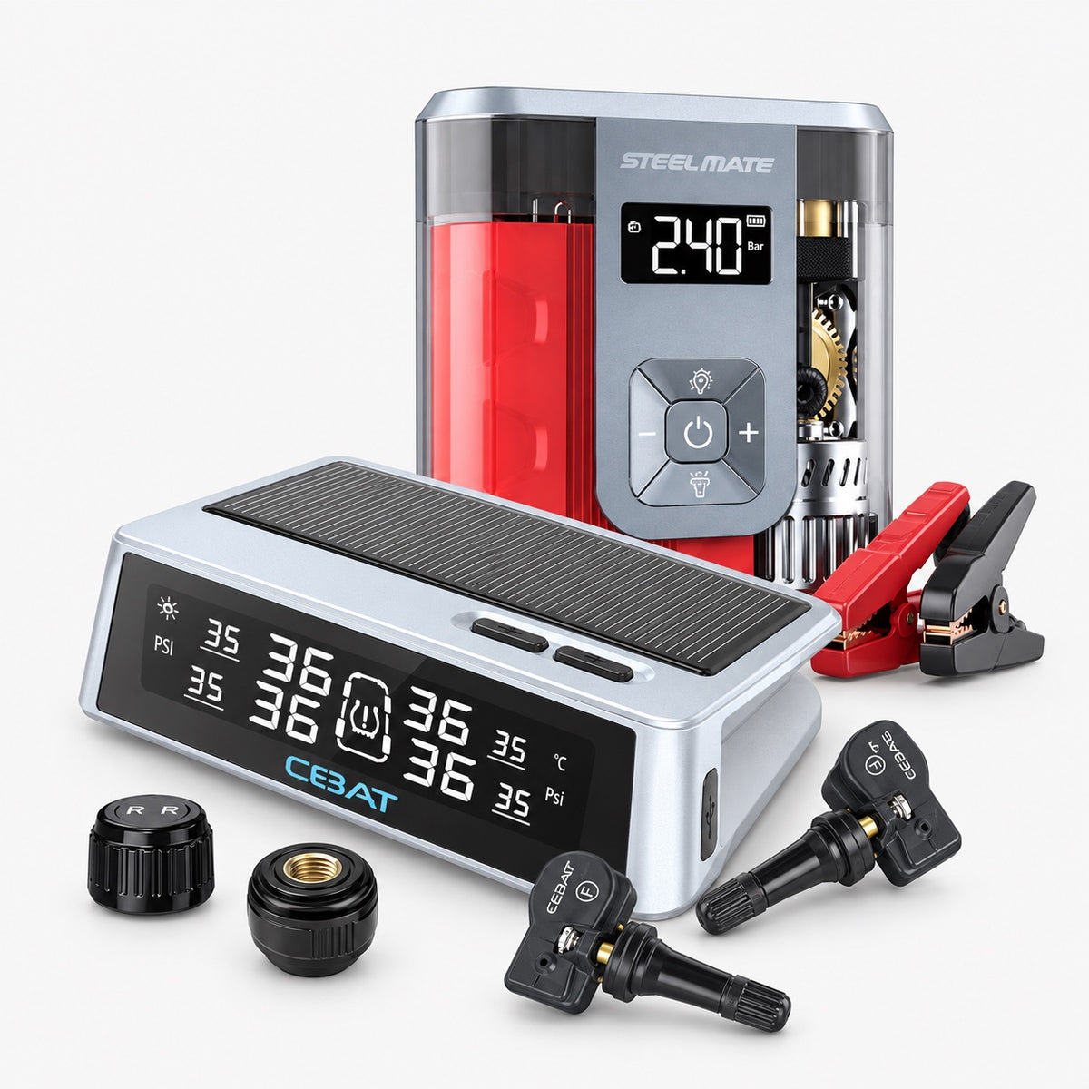 Steelmate Car Safety Bundle — ET-23 TPMS and V12 Pro Inflator Jump Starter