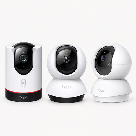 Pan-tilt Wi-Fi security camera, white dome base with black lens module; three angles shown