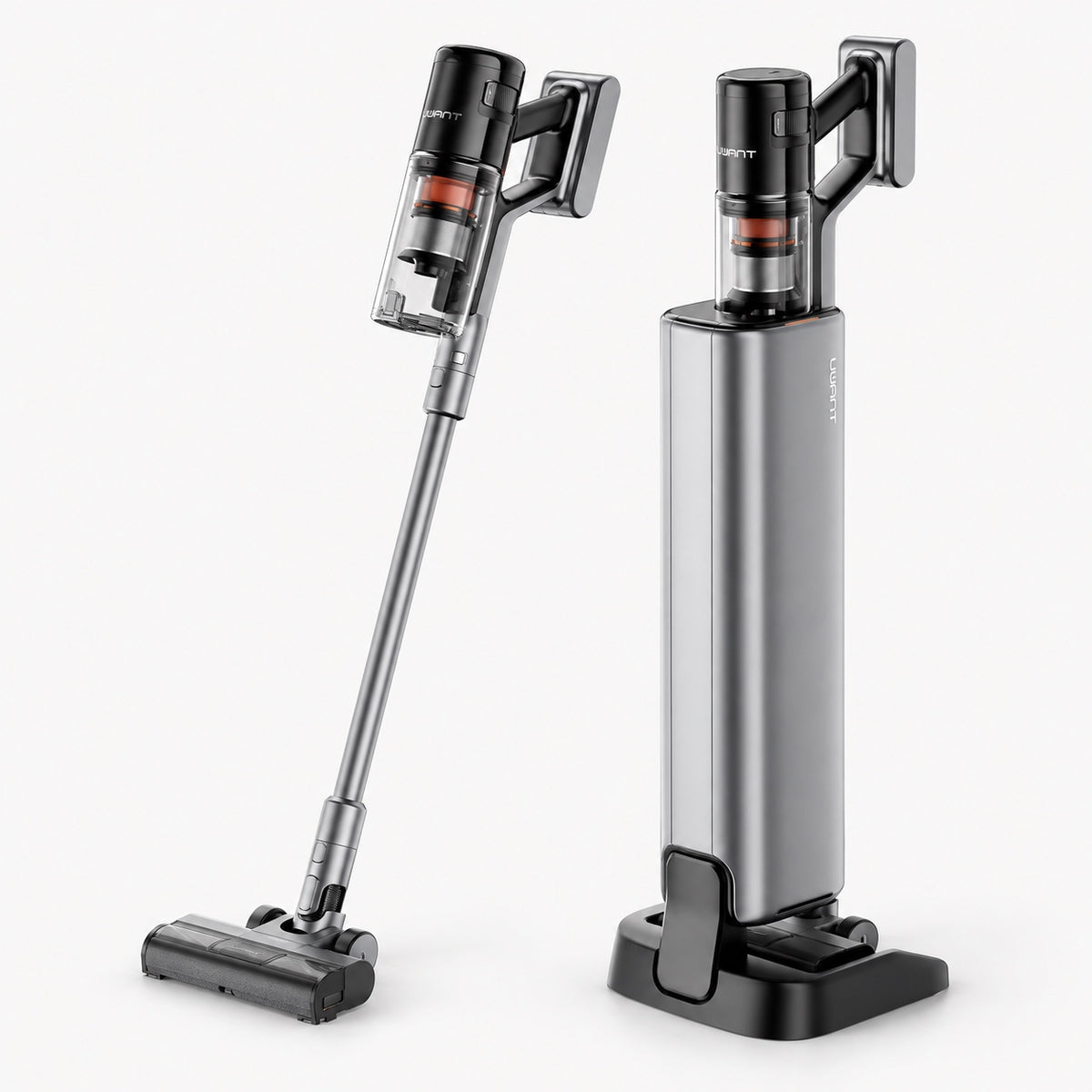 Cordless stick vacuum with charging dock, silver and black, handheld canister.