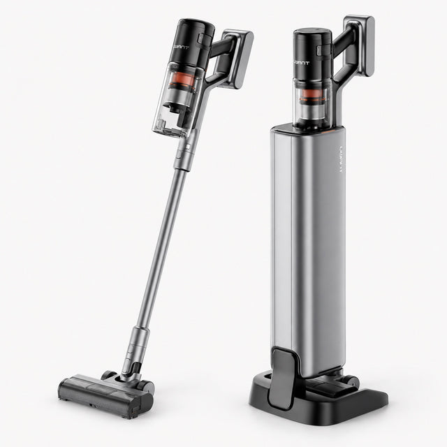 Cordless stick vacuum with charging dock, silver and black, handheld canister.