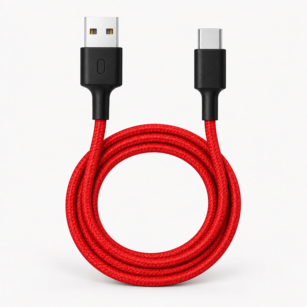 Red braided USB Type-C cable with USB-A connectors, black strain relief