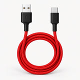 Red braided USB Type-C cable with USB-A connectors, black strain relief
