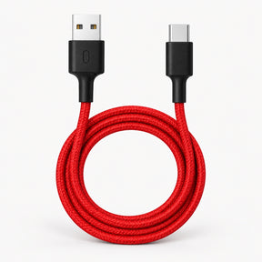 Red braided USB Type-C cable with USB-A connectors, black strain relief