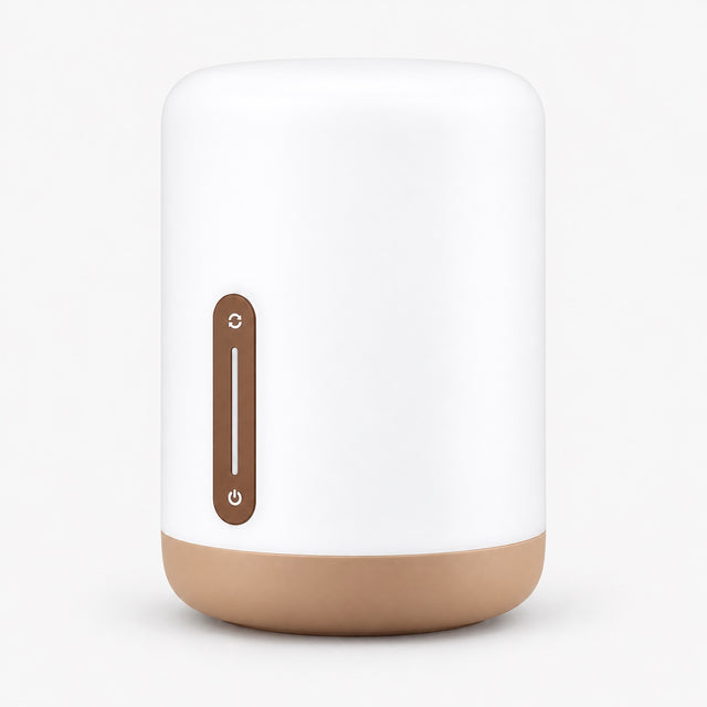 White bedside lamp with brown base and vertical power touch strip
