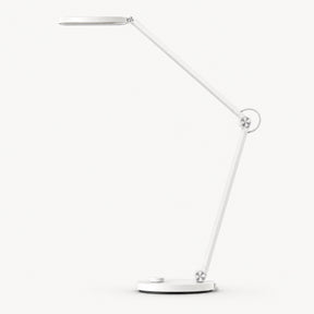 White LED desk lamp with long articulated arms and oval base, adjustable head