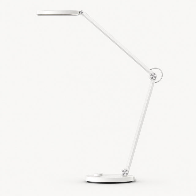 White LED desk lamp with long articulated arms and oval base, adjustable head