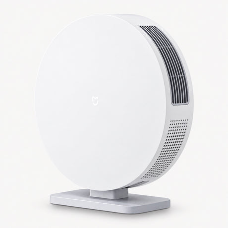 White desktop air purifier with circular front grille and gray base stand