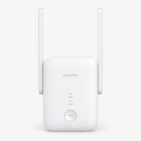 Xiaomi Wi-Fi range extender in white with two antennas and status indicator