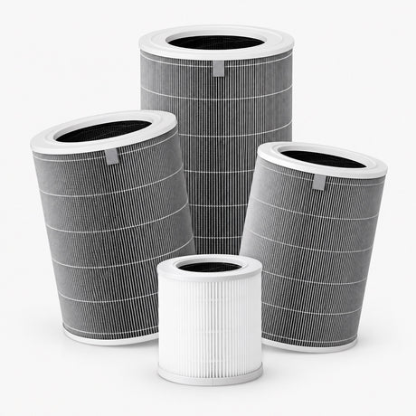 Set of four cylindrical air purifier filters, gray pleated with one white compact filter