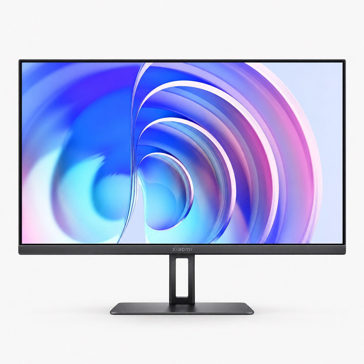 Black flat-panel desktop monitor with slim stand and colorful screen display