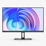 Black flat-panel desktop monitor with slim stand and colorful screen display