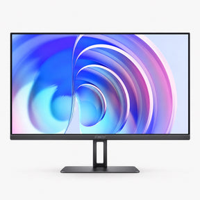 Black flat-panel desktop monitor with slim stand and colorful screen display