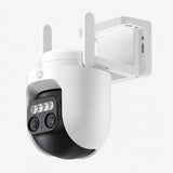 Outdoor security camera with white housing, black lens module, and two antennas