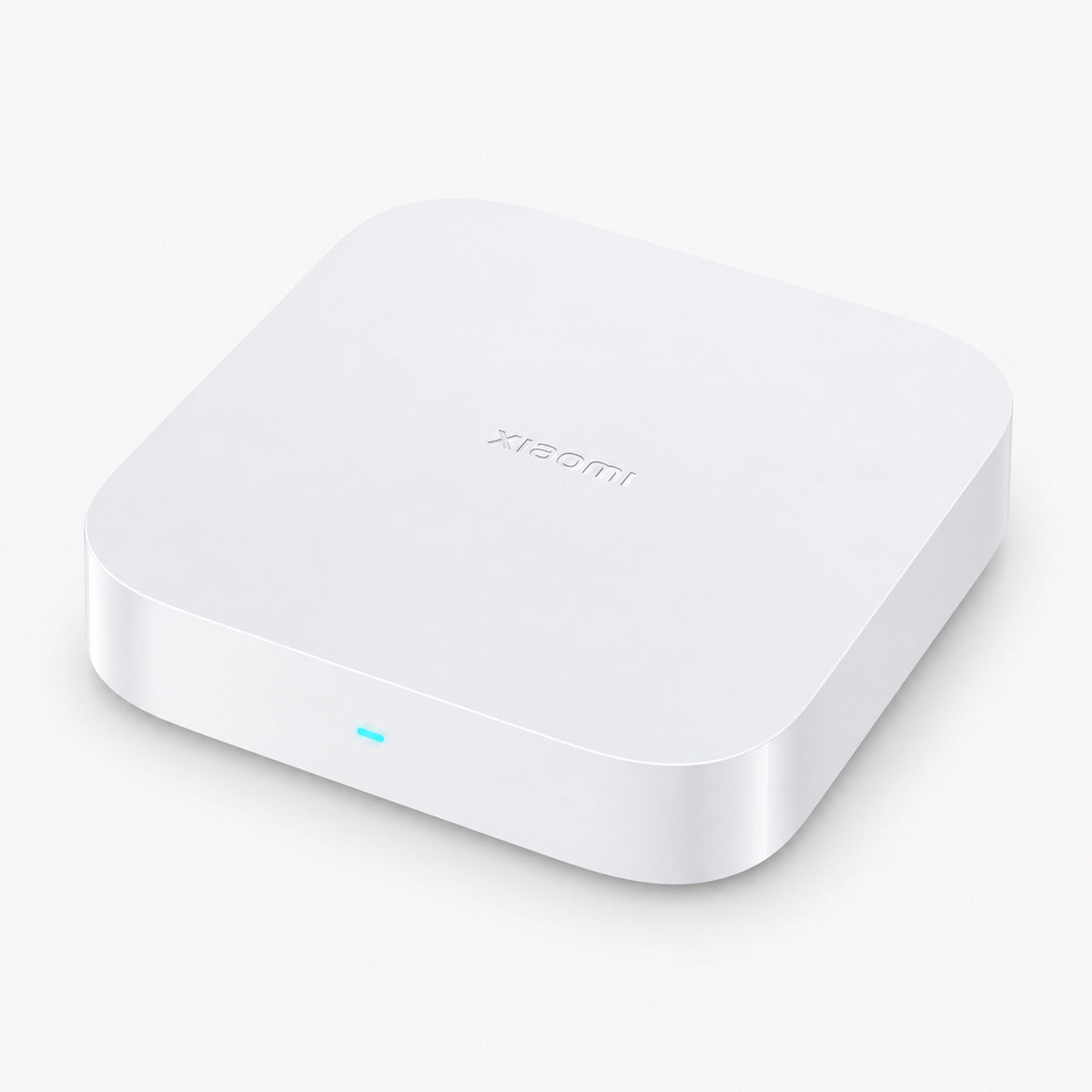 White smart home hub with blue status light