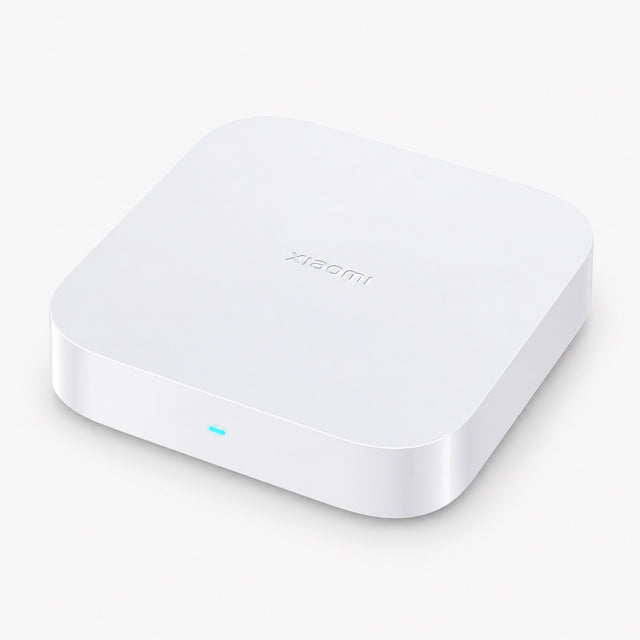 White smart home hub with blue status light