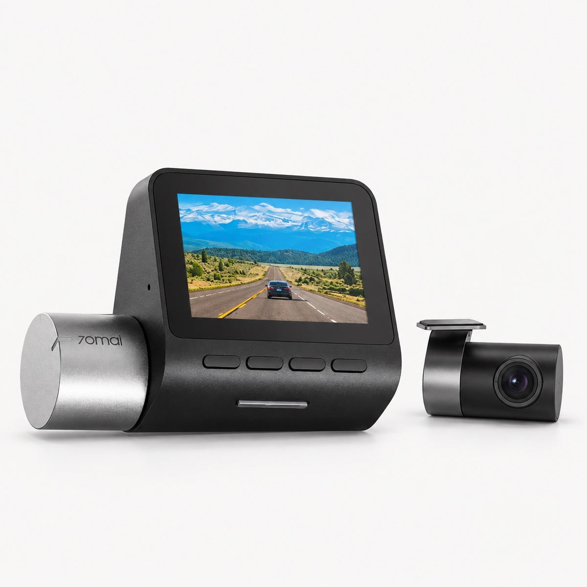 Black dash cam with screen display and separate rear camera module