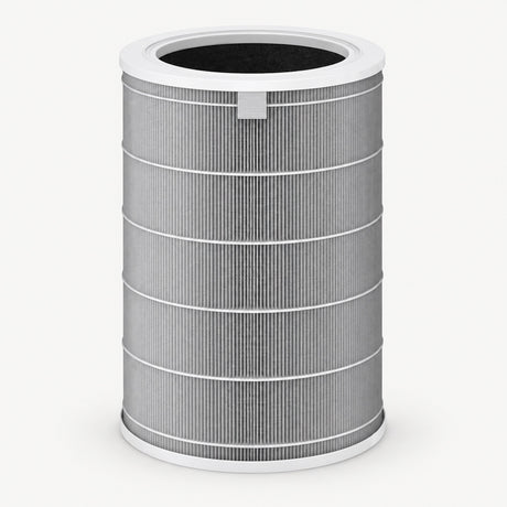 Round gray air purifier filter cartridge with white top rim and pleated outer core