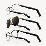 Smart audio glasses, slim black frame with clear lenses and curved temple arms