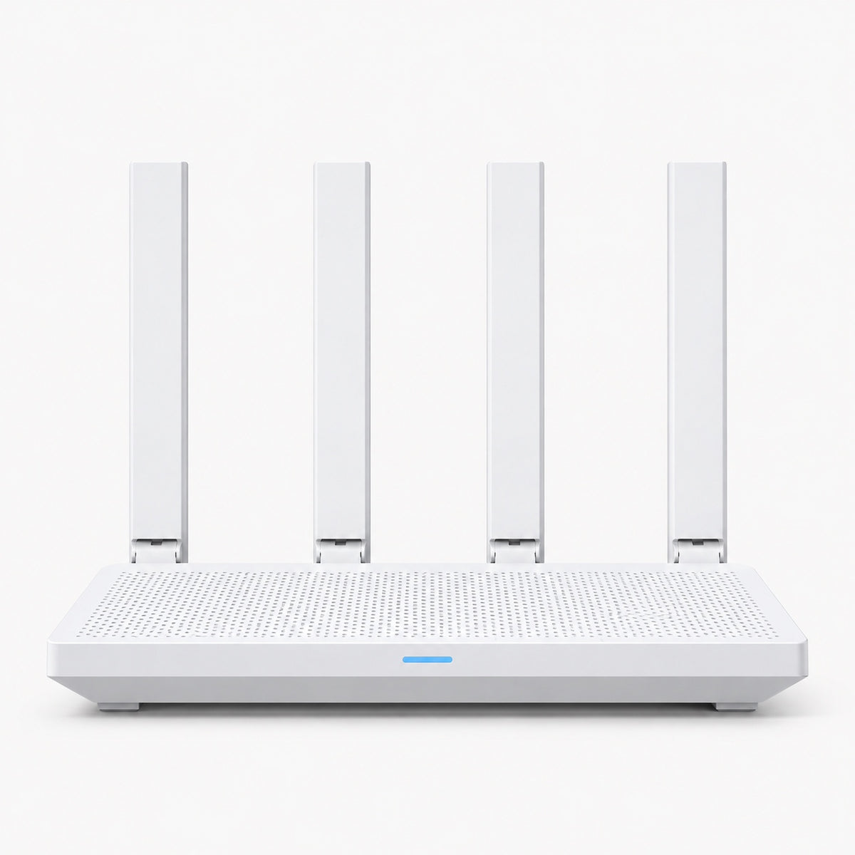 White Wi‑Fi router with four vertical antennas and mesh-pattern base
