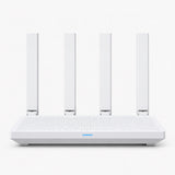White Wi‑Fi router with four vertical antennas and mesh-pattern base